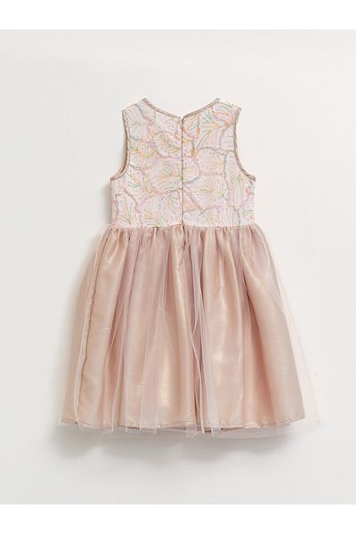 LC Waikiki Crew Neck Sequin Embroidered Girl's Dress