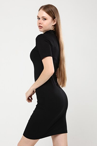ALL TIME Kadın Siyah Balıkçı Yaka Kısa Kollu Örme Mini Elbise