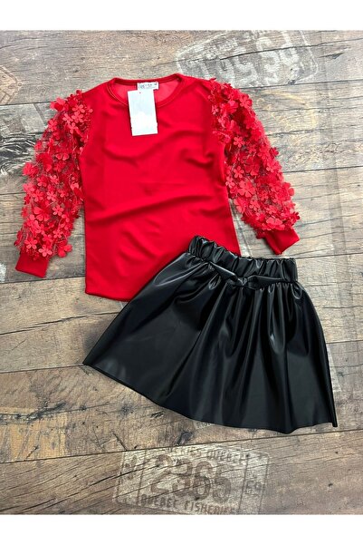 YARENKİDS Κοριτσίστικο λουλούδι με λεπτομέρειες από τούλι, δερμάτινη φούστα