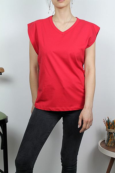 Damla 100% Cotton Wadding Look Basic V-Neck Knitted T-shirt