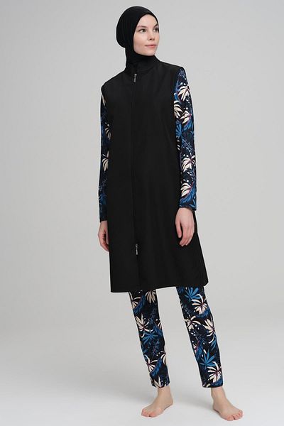 Nehar Blue Leaf Patterned Black Jelly 3 Piece Hijab Swimsuit Set 2226