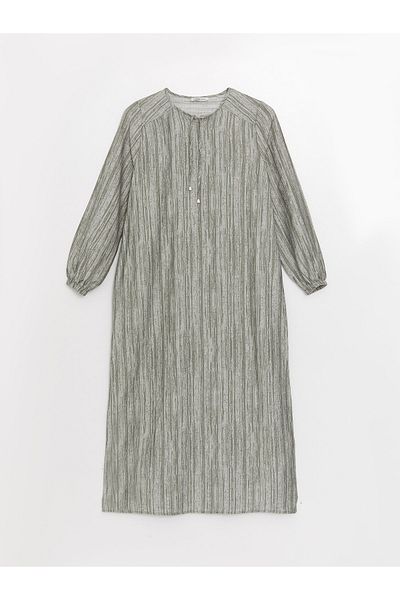 LC Waikiki Gemustertes, langärmliges Damenkleid in Leinenoptik mit Bindekragen