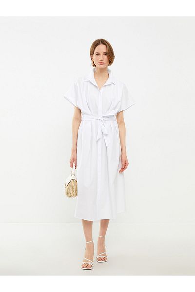 LC Waikiki Popeline-Stoff – kurzärmliges Damenkleid mit Hemdkragen