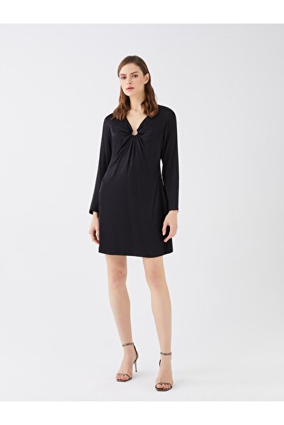 LC Waikiki Saténové dámské šaty s rovným dlouhým rukávem a výstřihem do V