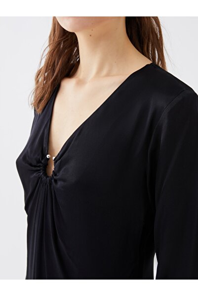 LC Waikiki Saténové dámské šaty s rovným dlouhým rukávem a výstřihem do V