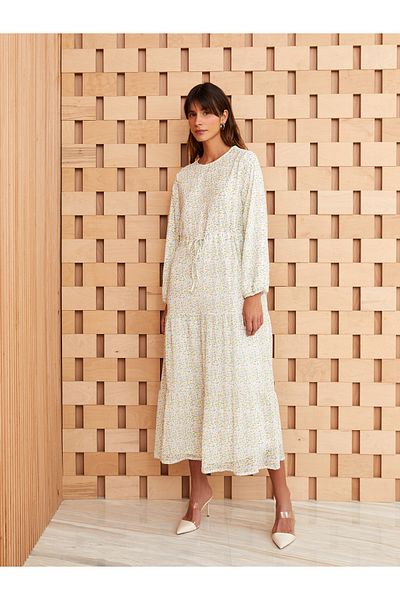 LC Waikiki Gemustertes Chiffon-Damenkleid mit langen Ärmeln und Rundhalsausschnitt
