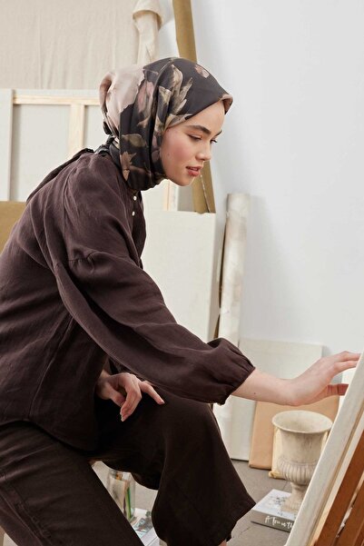 Fresh Soft Garden Desen Pamuk Ipek Eşarp Acı Kahve