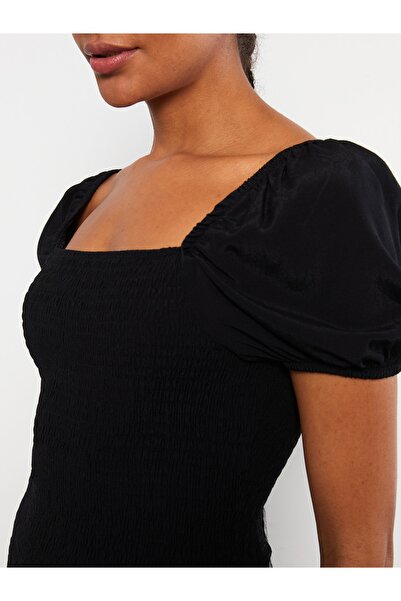 LC Waikiki Dámské viskózové šaty s čtvercovým límcem s jednoduchým krátkým rukávem