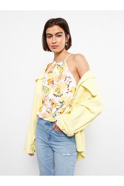 LC Waikiki Gemusterte, ärmellose Damenbluse aus Viskose mit Neckholder