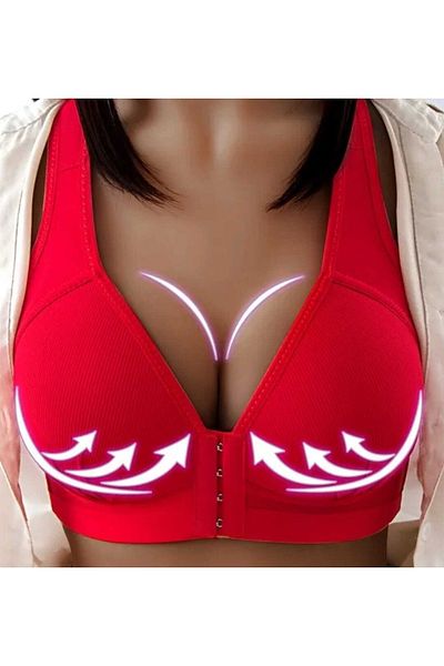 Magic Love Women's Red No Underwire Front Clasp Gathering Soft Textured Bra