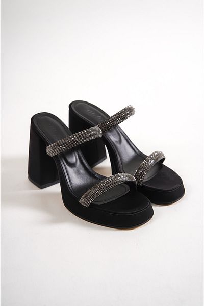 Moda Değirmeni Pantofi cu toc cu platformă de piatră din satin negru Bg1115-119-0005