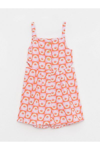 LC Waikiki Mädchen-Jumpsuit aus Popeline mit eckigem Kragen und gemustertem Träger