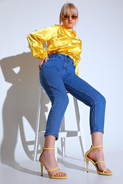 ByCukurovaFrango Жіночі сині джинси-бойфренди з еластичним поясом і завуженим...