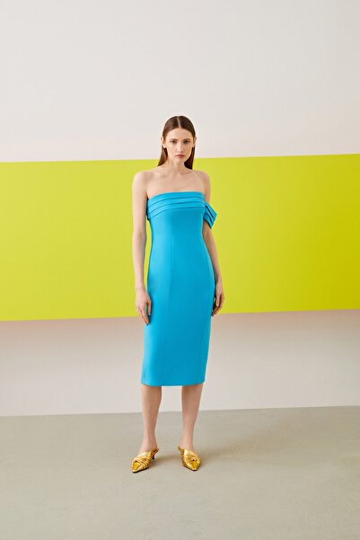 Jus De Pommes Mavi Straplez Drapeli Tek Düşük Kollu Midi Boy Elbise
