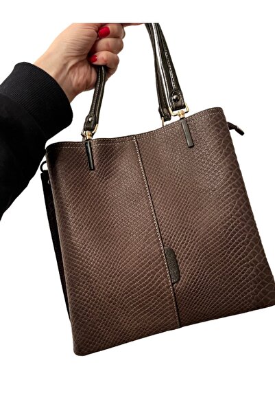 Pinkylola Pi Model Kahverengi Mat Yılan Baskılı Hakiki Deri El & Uzun Saten S...