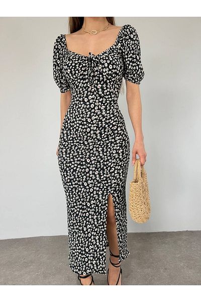 dükkan10butika Rochie de damă cu guler inimă cu modele florale de vară, țesătură, gresie, gresie