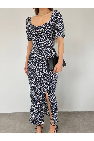 dükkan10butika Rochie de damă, guler inimă, cu modele florale de vară, țesătură, gresie, gresie, bleumarin