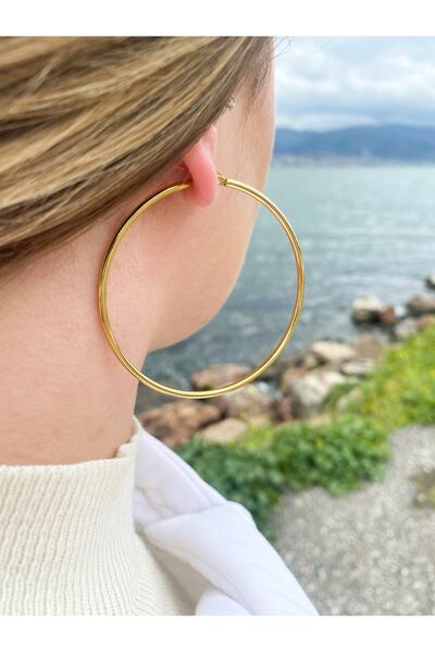 DESİGN Çelik Gold Büyük Boy Halka Küpe Garantili Kararmaz Paslanmaz Antialerjik