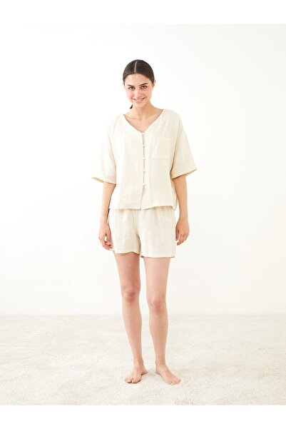 LC Waikiki V-nyakú tömör, rövid ujjú pamut női pizsama szett