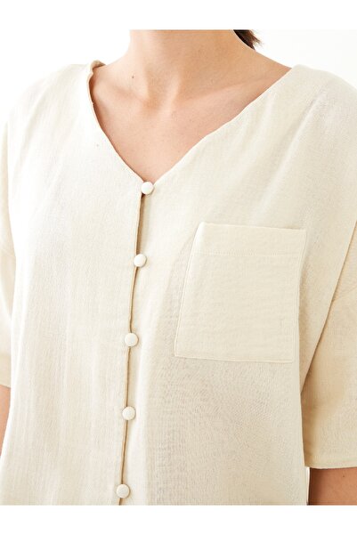 LC Waikiki V-nyakú tömör, rövid ujjú pamut női pizsama szett