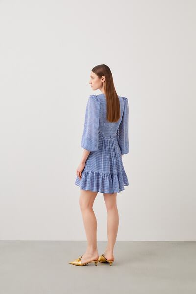 Jus De Pommes Mavi Çizgili Pencere Detaylı Nakışlı Mini Elbise