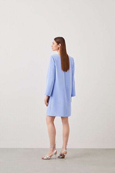 Jus De Pommes Mavi Yakası Işlemeli Uzun Kollu Düz Kesim Mini Elbise