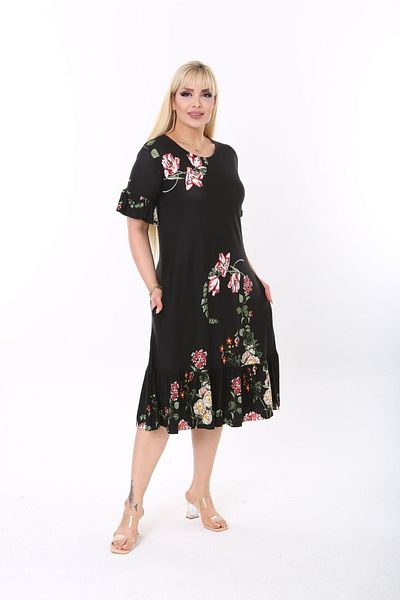 Mezura Plus Size Knee Length Sleeves and Skirt Ruffle Detailed Stylish Pocketed Viscose Combed Cotton Dress
