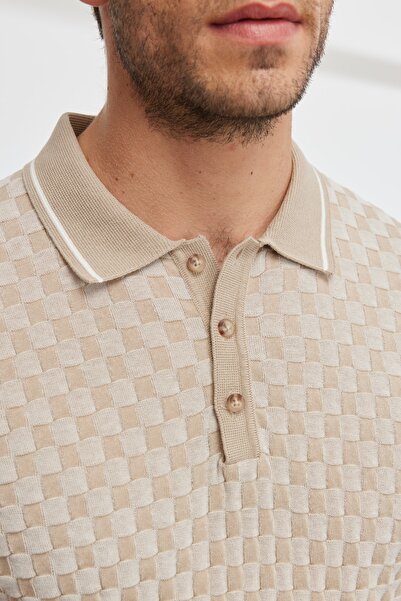 ALTINYILDIZ CLASSICS Men's Mink-ecru Standard Fit Normal Cut Polo Neck 100% Cotton Short Sleeve Patterned Knitwear T-Shirt