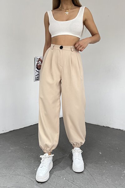 Sun Victoria Kadın Krem Paçası Lastikli Yüksek Bel Balon Pantolon