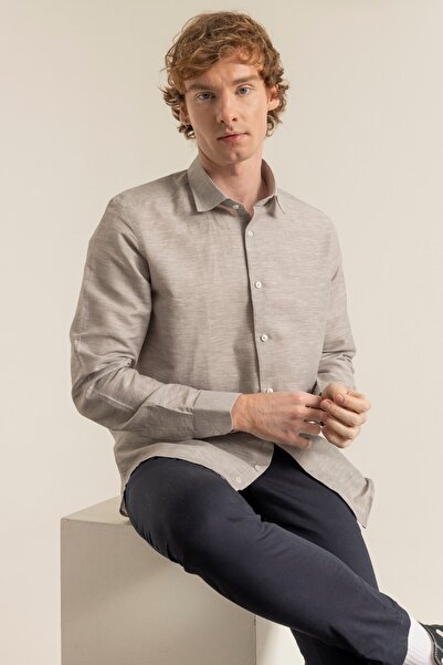 alenmeza Men's Gray 100% Linen Modern Fit No Pocket Shirt