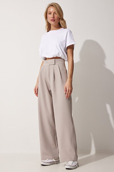 Happiness İstanbul Női bézs derék tépőzáras bő nadrág YL00001