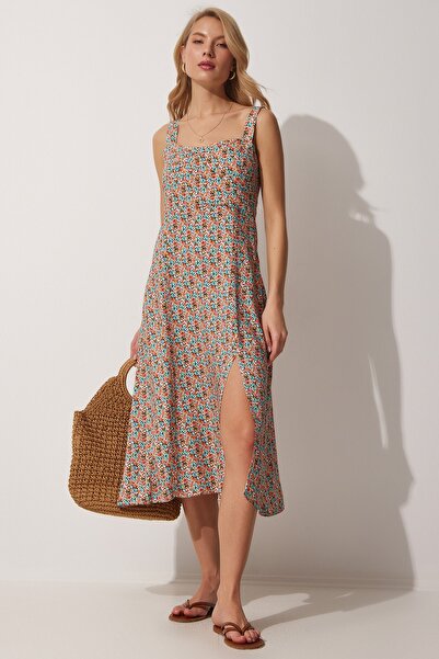 Happiness İstanbul Női téglakék szögletes galléros virágos nyári viszkóz ruha DD01208