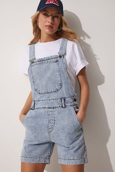 Happiness İstanbul Women's Blue Strappy Denim Shorts Salopet BV00058