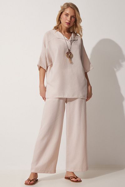Happiness İstanbul Cremefarbenes Ayrobin-Tunika-Hosen-Set für Damen mit Halskette ZH00019