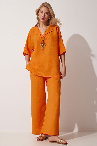 Happiness İstanbul Damen Orange Halskette Ayrobin Tunika Hose Set ZH00019