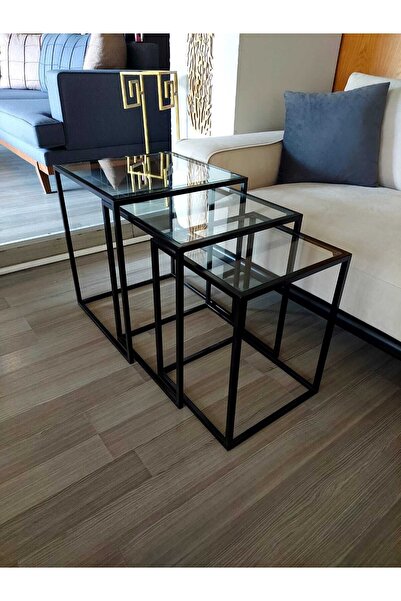 Yulu Athena 3'lü Kare Siyah Metal Zigon Sehpa