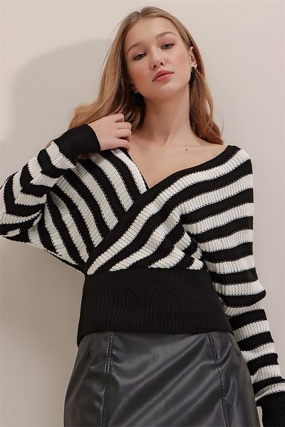 AQE FASHION Pulover de damă cu dungi cu guler dublu