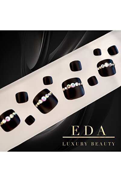 EDA LUXURY BEAUTY 24'lü Siyah Mat Ayak Takma Tırnak Lüks 3d Kristal Taşlı Des...