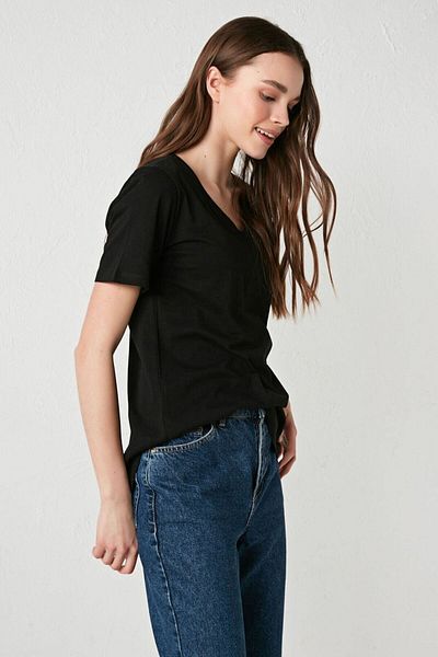 LC Waikiki Tricou negru de damă, cu gât în ​​U, cu mânecă scurtă, din bumbac, din stilul tău de modă
