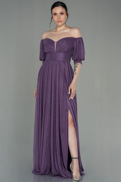 Abiyefon Lavender - Boat Neck and Long Glitter Short Evening Dress Abu2983