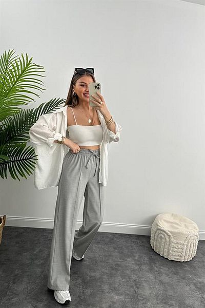 Laluvia Hellgraue Hose mit hoher Taille und elastischem Bund vorne