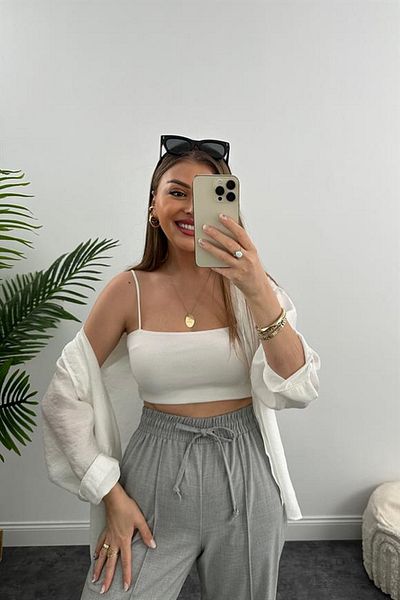 Laluvia Hellgraue Hose mit hoher Taille und elastischem Bund vorne