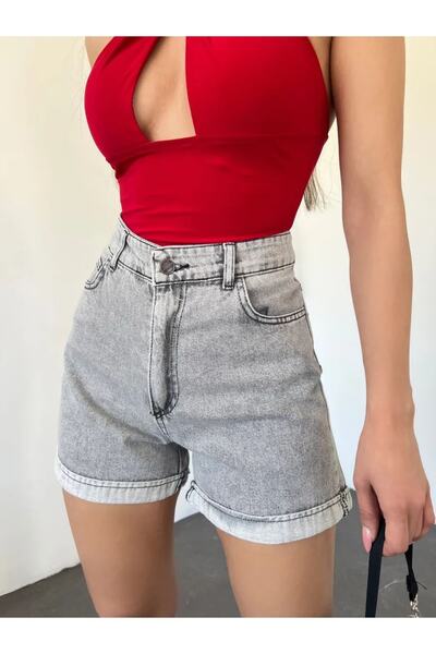 Genel Markalar Duble Paça Yüksek Bel Mom Kalıp Yıkamalı Denim Şort