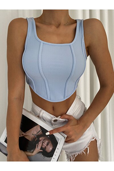 QUTTA Blue Baby Blue Decolteu Corset Look Corset Bluză Crop Damă