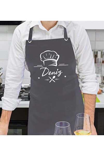 Bk Gift Kişiye Özel Isimli Chef Tasarımlı Profesyonel Antrasit Mutfak Önlüğü, Aşçı Önlüğü, Şef Önlüğ