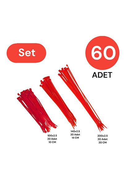 Tek-İş Plastic Cable Tie Clip Velcro Clamp Set 100-150-200 X 2.5 Mm Red (20 X 3) 60 Pieces
