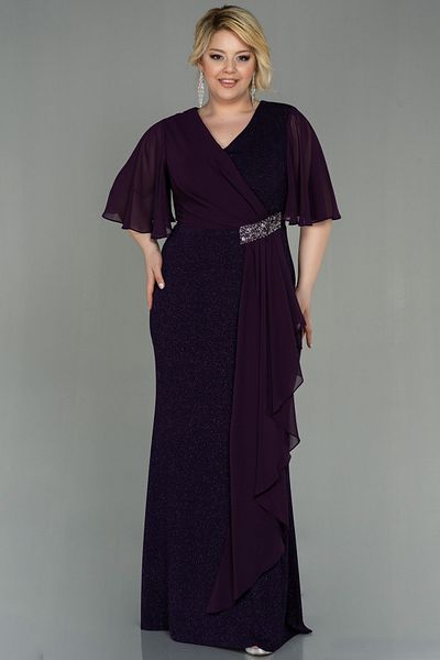 Abiyefon Plus Size Dark Purple Glitter Long Evening Dress - Abu2651