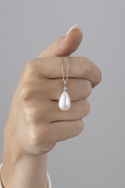 ESSARE 925 Ayar Gümüş Damla Model Beyaz Barok Kolye