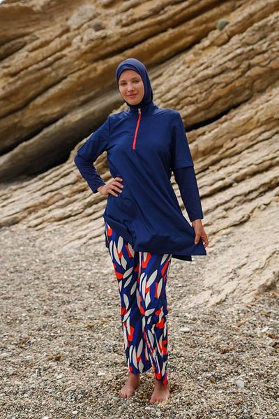 Marina Parachute 4-Piece Navy Blue Patterned Fully Covered Hijab Swimsuit Navy Blue M2262