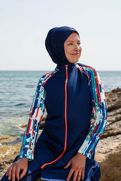 Marina Parachute 3-Piece Navy Blue Pattern Detailed Fully Covered Hijab Swimsuit M2267